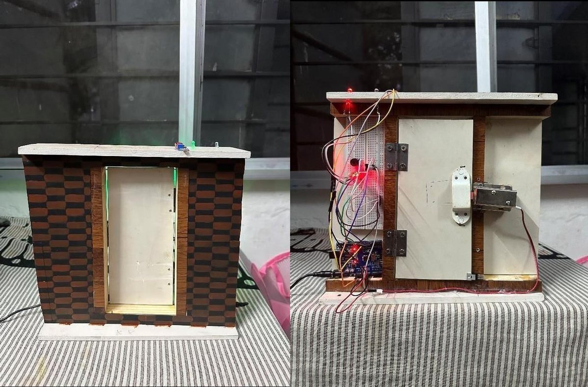The Luminous Link prototype: a wooden door frame with a solenoid bolt, Arduino and breadboard wiring